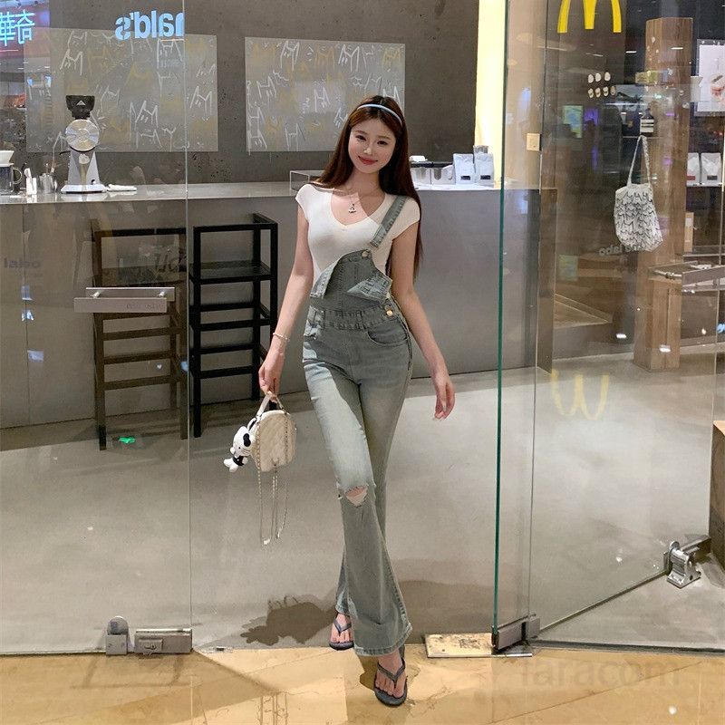 여자 슬림핏 부츠컷 멜빵바지 하이웨스트 롱 데님 오버롤 팬츠 Y2K 레트로 워싱 사계절 8757 - 상품 이미지