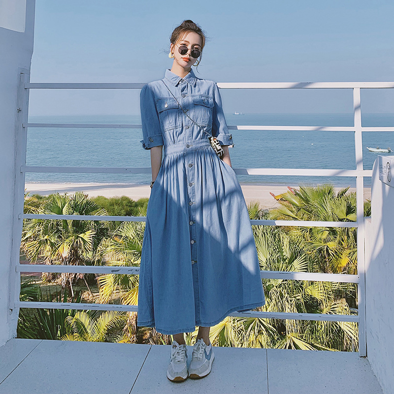 라이트블루 연청원피스 뒤허리밴딩원피스 워싱데님 롱원피스