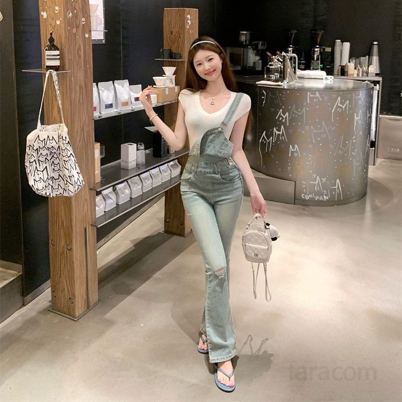 여자 슬림핏 부츠컷 멜빵바지 하이웨스트 롱 데님 오버롤 팬츠 Y2K 레트로 워싱 사계절 8757 - 상세 이미지 4