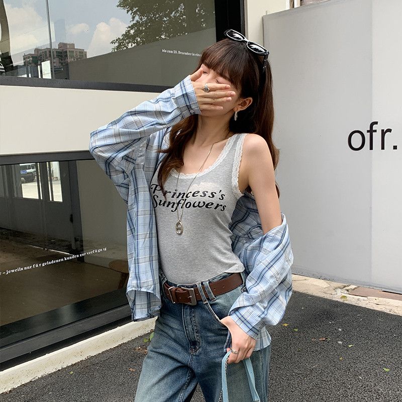 여자 루즈핏 체크 패턴 셔츠 슬림핏 레이스 레터링 민소매 나시 봄 여름 데일리 레이어드 코디 단품 TZ07455 - 메인 이미지