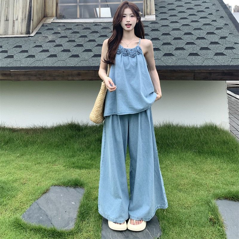 여자 플라워 나시 투피스 세트 핀턱 와이드 팬츠 코디세트 여름 휴양지룩 11546 - 메인 이미지