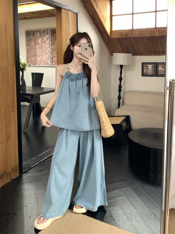 여자 플라워 나시 투피스 세트 핀턱 와이드 팬츠 코디세트 여름 휴양지룩 11546 - 상세 이미지 3