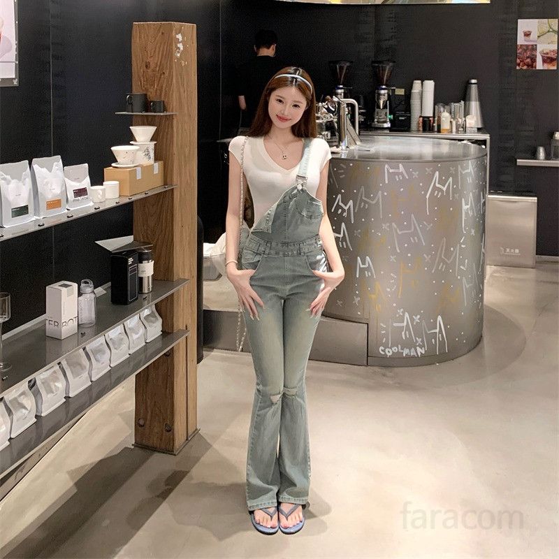 여자 슬림핏 부츠컷 멜빵바지 하이웨스트 롱 데님 오버롤 팬츠 Y2K 레트로 워싱 사계절 8757 - 상세 이미지 3