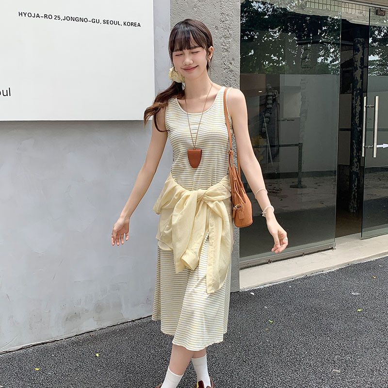 여자 루즈핏 카라 셔츠 스트라이프 나시 롱원피스 봄 여름 레이어드 데일리 코디 단품 TZ07459 - 상세 이미지 2