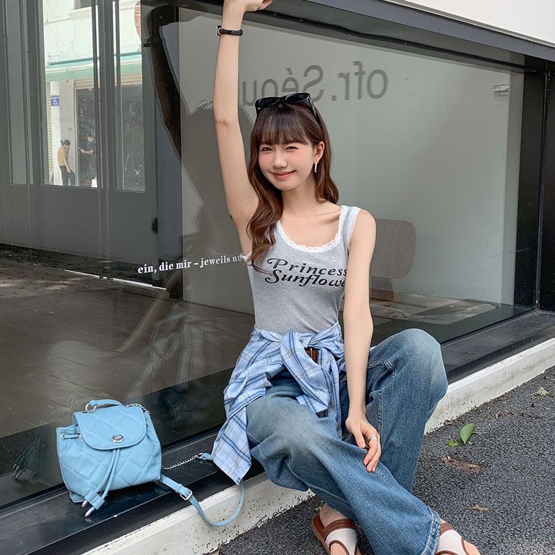 여자 루즈핏 체크 패턴 셔츠 슬림핏 레이스 레터링 민소매 나시 봄 여름 데일리 레이어드 코디 단품 TZ07455 - 상세 이미지 2