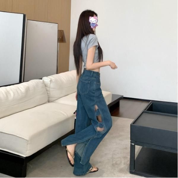 여자 플라워 컷아웃 와이드 청바지 하이웨스트 옆트임 롱 데님 팬츠 Y2K 유니크 팬츠 8714 - 상품 이미지