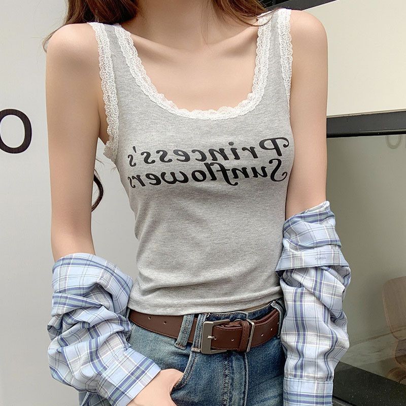 여자 루즈핏 체크 패턴 셔츠 슬림핏 레이스 레터링 민소매 나시 봄 여름 데일리 레이어드 코디 단품 TZ07455 - 상세 이미지 5