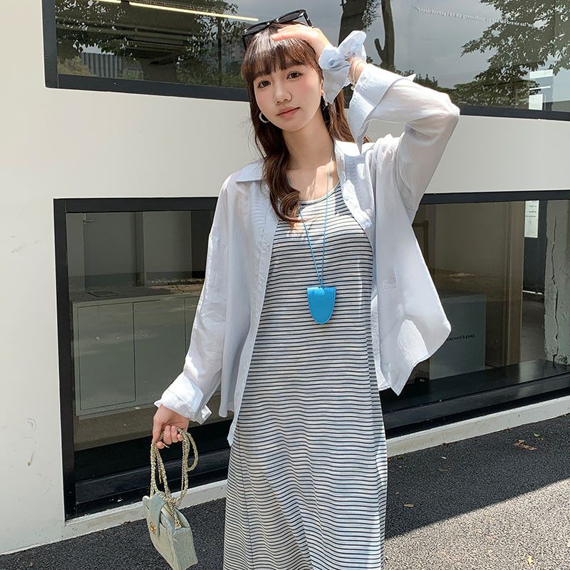여자 루즈핏 카라 셔츠 스트라이프 나시 롱원피스 봄 여름 레이어드 데일리 코디 단품 TZ07459 - 상세 이미지 4