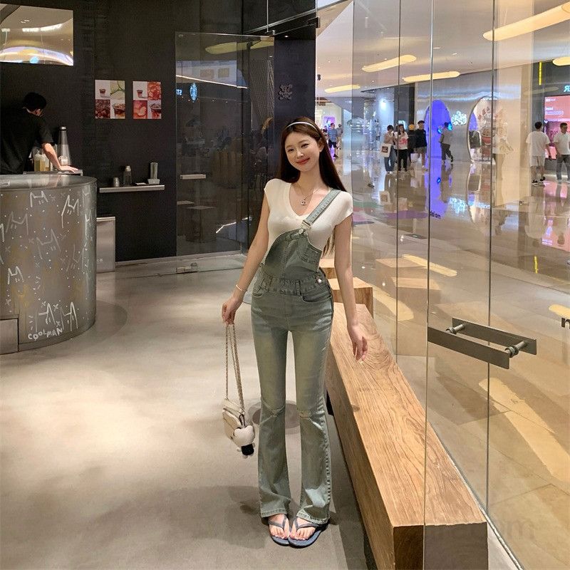 여자 슬림핏 부츠컷 멜빵바지 하이웨스트 롱 데님 오버롤 팬츠 Y2K 레트로 워싱 사계절 8757 - 상세 이미지 2