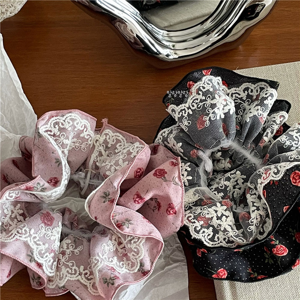 꽃무늬 레이스 곱창머리끈 예쁜 포니테일 슈슈 스크런치 플라워 헤어끈 - 상세 이미지 3