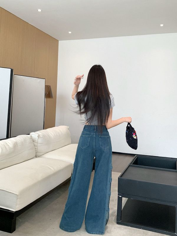 여자 플라워 컷아웃 와이드 청바지 하이웨스트 옆트임 롱 데님 팬츠 Y2K 유니크 팬츠 8714 - 상세 이미지 4