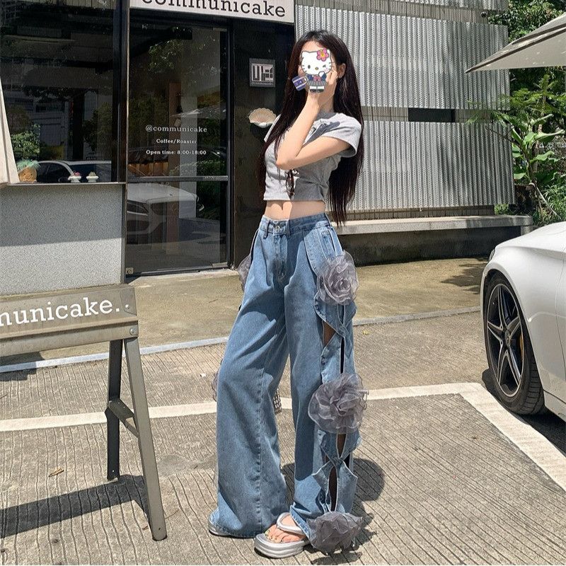 여자 로우라이즈 플라워 컷아웃 와이드 청바지 롱 스트레이트핏 Y2K 유니크 데님 팬츠 8733 - 상품 이미지