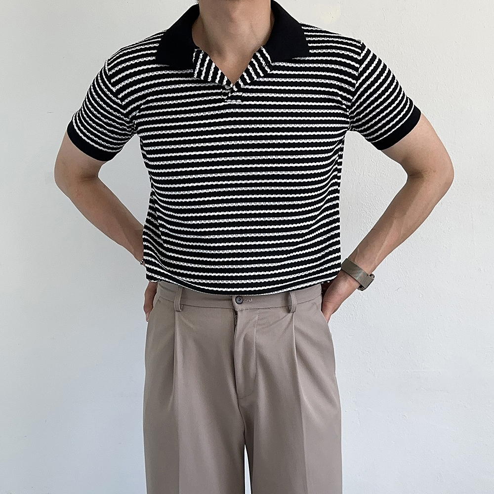 남자 반팔카라티 여름 단가라 스트라이프 헨리넥 남자 반팔티 - 상세 이미지 2