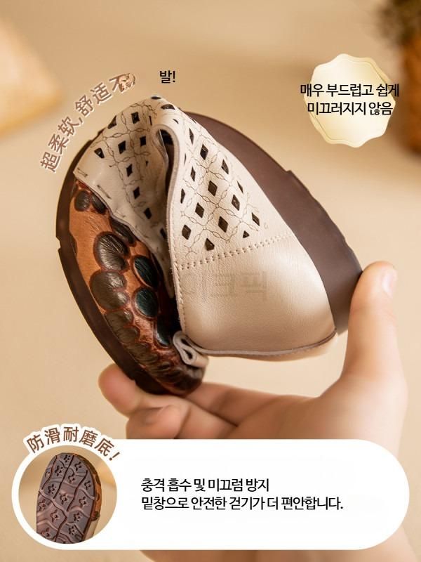 여름 엄마신발 여성 천연소가죽 바오터우 샌들 꽃무늬 낮은굽 플랫 미끄럼방지 편한 신발 - 상세 이미지 5