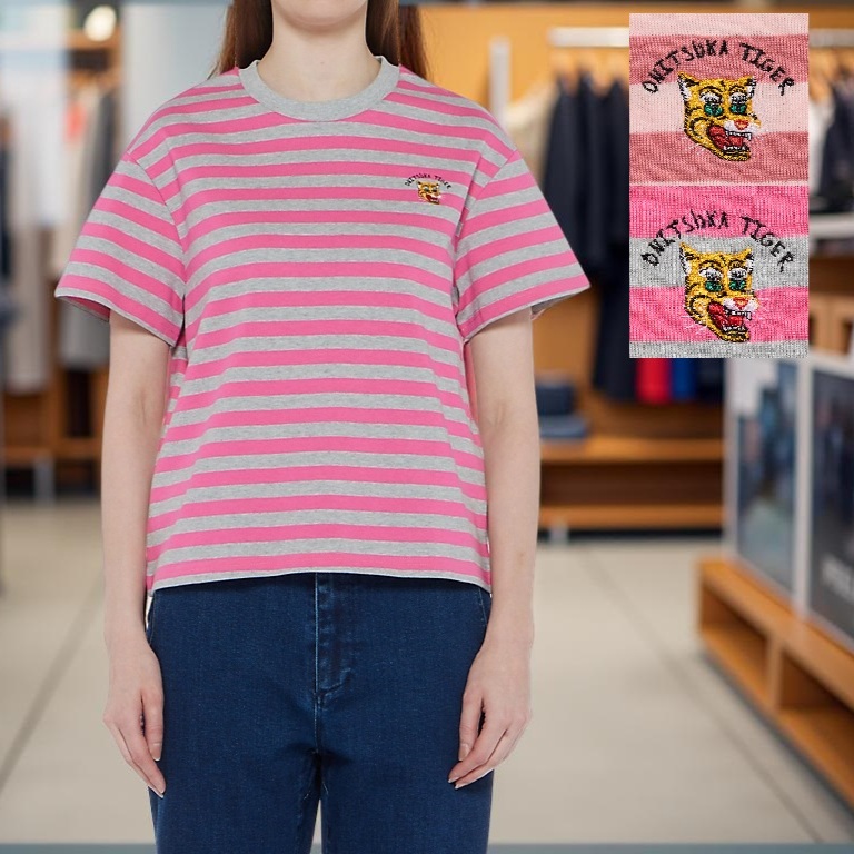 오니츠카타이거 숏 슬리브 반팔 티셔츠 여성 2182B391 GREY/PINK L