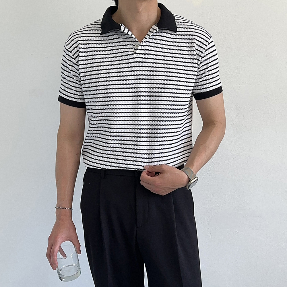 남자 반팔카라티 여름 단가라 스트라이프 헨리넥 남자 반팔티 - 상품 이미지