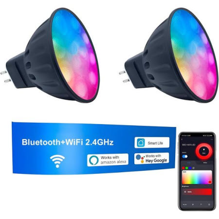 [해외]스마트 WiFi MR16 LED 전구 디밍 가능, RGB 색상 변경, GU5.3 바이핀 12V, 멀티컬러 및 CCT 튜닝 메모리 기능, Alexa와 호환되는 음악 동기화,