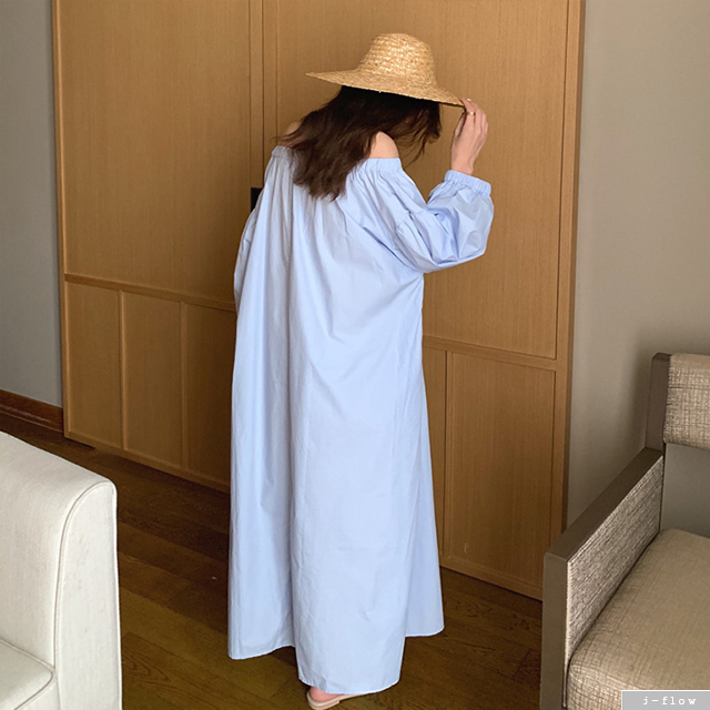 피넛 오버핏 코튼 밴딩 롱원피스 3color 제이플로우 여름 가을 루즈핏 오프숄더 벌룬 - 상품 이미지