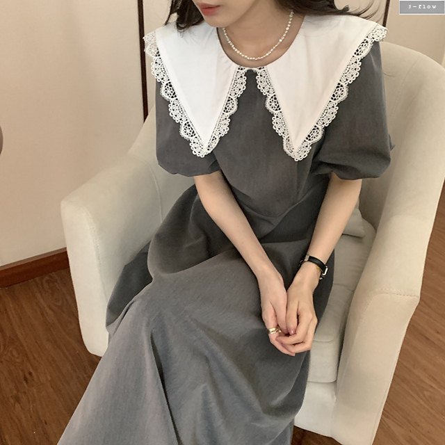 빌리브 볼륨 퍼프 레이스카라 롱원피스 2color 여름 하객룩 모임룩 고급소재 제이플로우 - 상품 이미지
