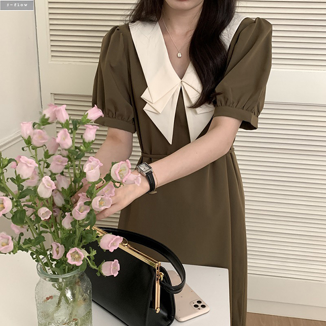 폴드 플리츠 배색 카라 퍼프 실키 롱원피스 2col 여름 봄 하객 모임 허리끈 제이플로우 - 상품 이미지