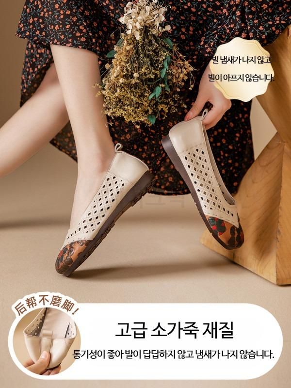 여름 엄마신발 여성 천연소가죽 바오터우 샌들 꽃무늬 낮은굽 플랫 미끄럼방지 편한 신발 - 상세 이미지 4