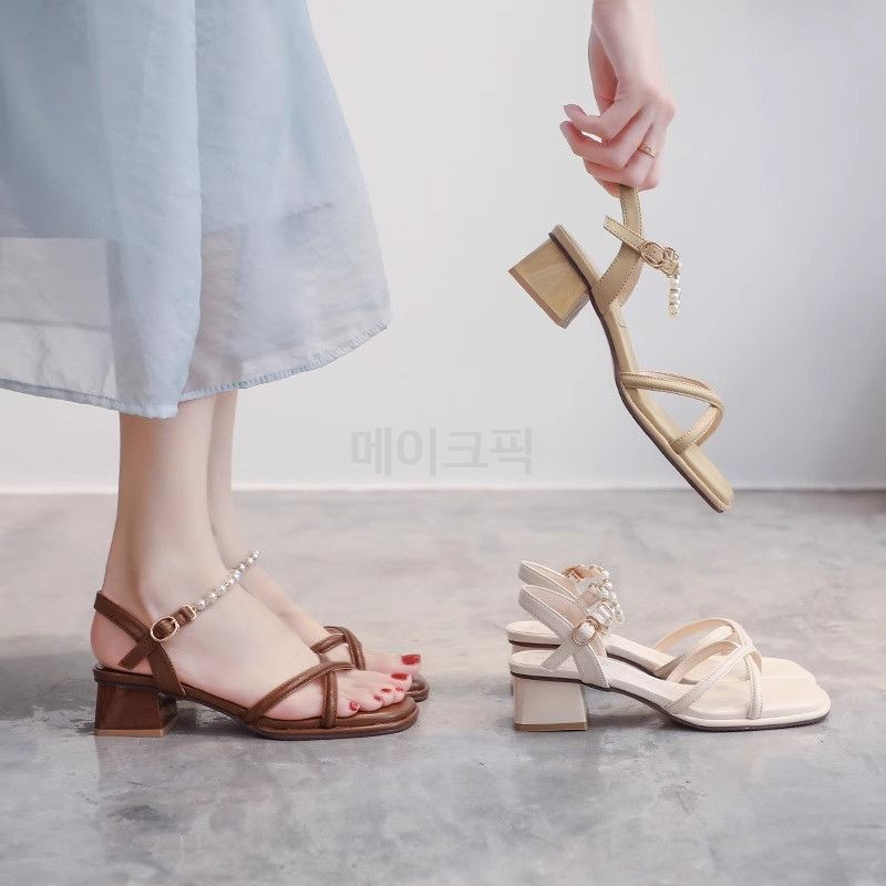 봄 여름 여성 천연소가죽 통굽 스트랩 샌들 미들힐 오픈토 버클 데일리 편한 신발 - 상세 이미지 4