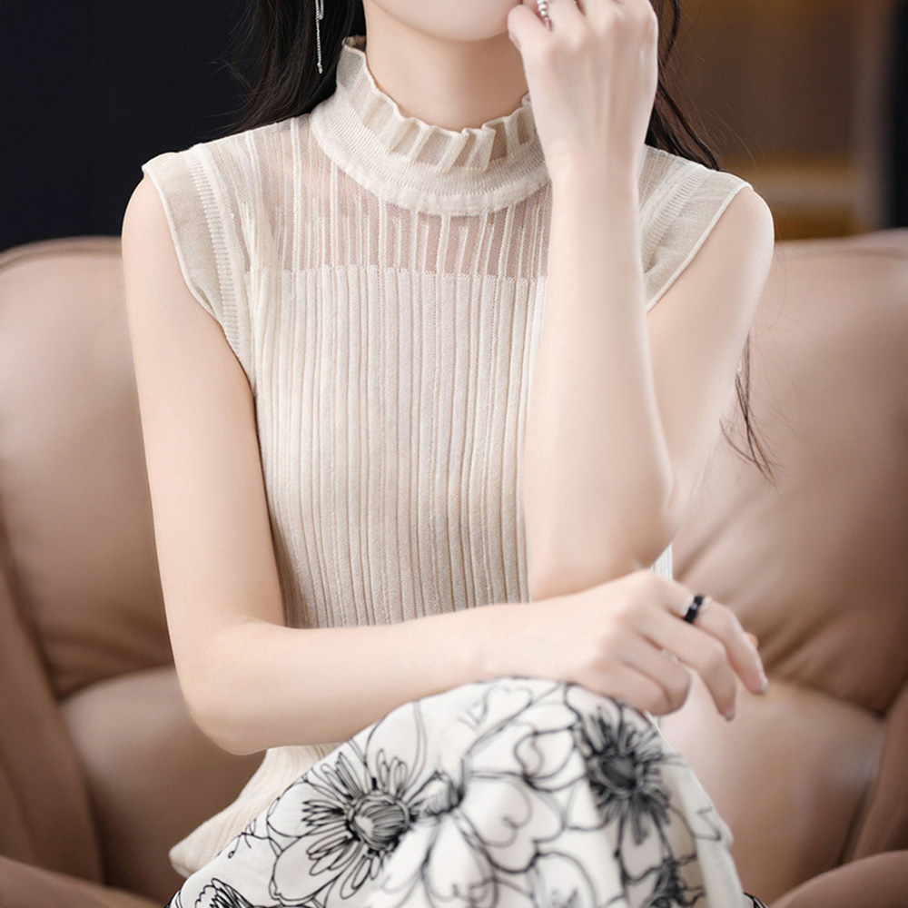 홀터넥나시 여성쿨티셔츠 캡소매 망사 레이스 폴라티 시스루 목티 이미지 8