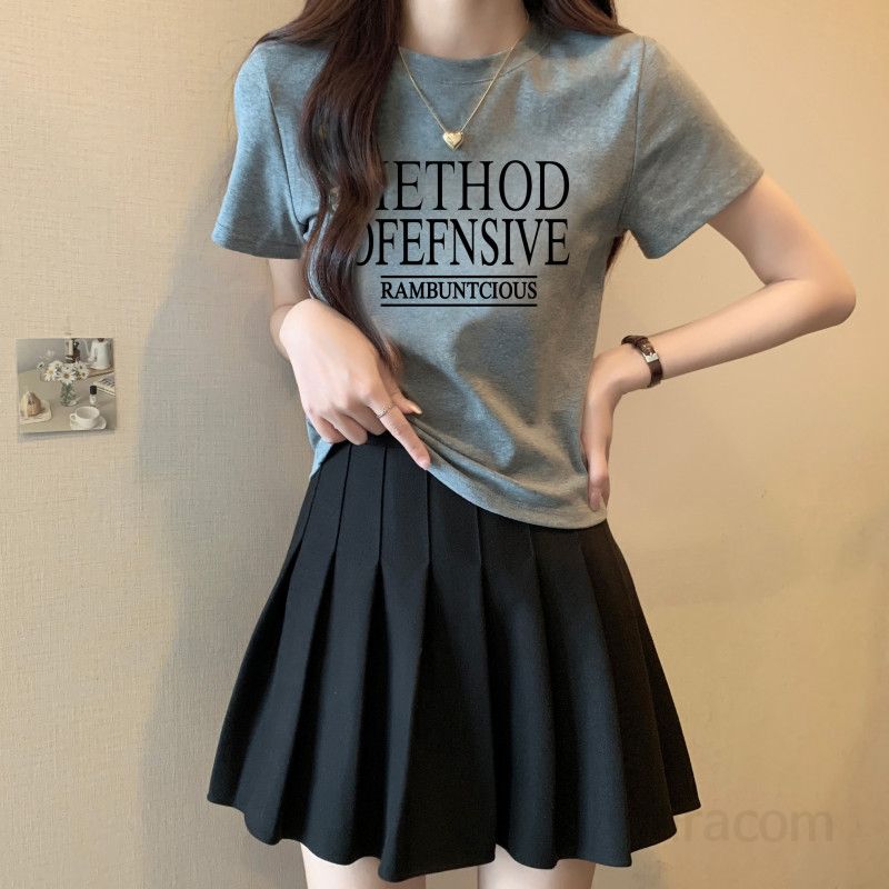 여자 여름 슬림핏 라운드넥 레터링 반팔 티셔츠 데일리 베이직 여성티 면스판 프린팅 T001METH - 상세 이미지 5