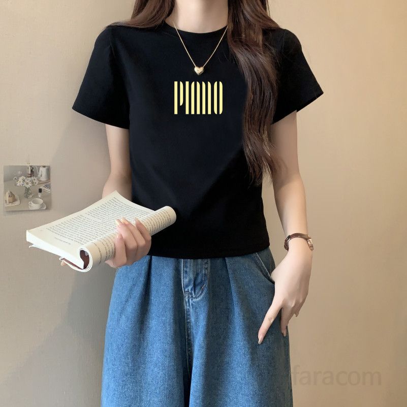 여자 여름 슬림핏 라운드넥 레터링 반팔 티셔츠 데일리 베이직 여성티 면스판 프린팅 23D3819 - 상세 이미지 5