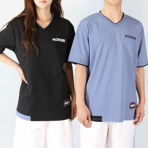 [1+1방송특가] 남여공용 스포츠 패션 레이어드 브이넥 반팔 티셔츠 - 상품 이미지