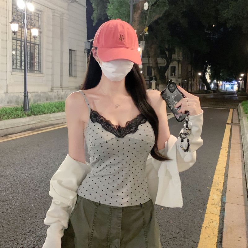 여자 여름 레이스 도트 나시 뷔스티에 슬림핏 크롭 데일리 캐주얼룩 Y2K B03148 - 메인 이미지