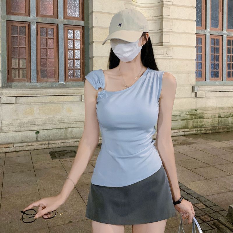 여자 여름 원숄더 언발 셔링 민소매 티셔츠 슬림핏 크롭 데일리 캐주얼룩 D03138-1 - 상세 이미지 2