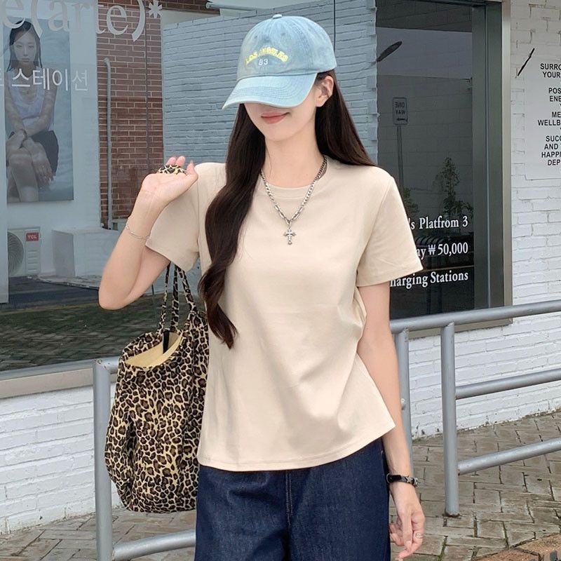 여자 여름 슬림핏 라운드넥 베이직 단색 반팔 티셔츠 데일리 여성 코튼 스판 기본 반팔티 T004 - 상세 이미지 4