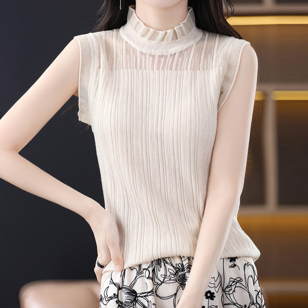 홀터넥나시 여성쿨티셔츠 캡소매 망사 레이스 폴라티 시스루 목티 이미지 6