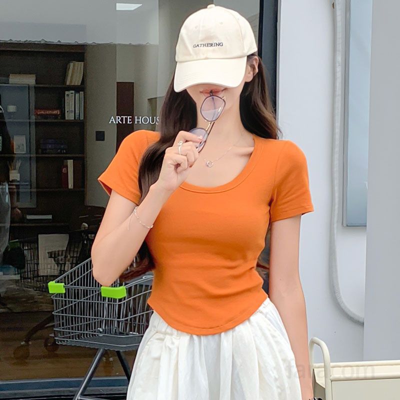 여자 여름 슬림핏 브이넥 셔링 반팔티 숏기장 데일리 베이직 코디 여성티 탄탄스판 라운드 밑단 T005 - 상세 이미지 3