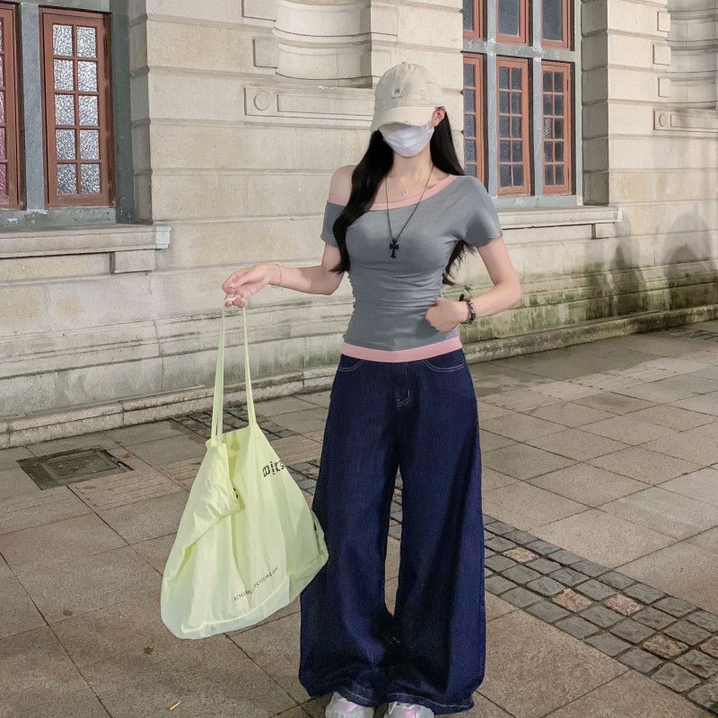 여자 여름 Y2K 어깨트임 원숄더 언발 배색 반팔 티셔츠 보트넥 쫀쫀한 슬림핏 여리여리핏 데일리룩 D03152 - 상세 이미지 4