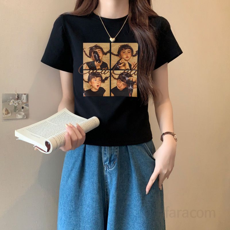 여성용 라운드넥 프린트 반팔 티셔츠 여름 슬림핏 스타일리시한 데일리 패션 탑스 시원하고 편안한 착용감의 캐주얼 - 상세 이미지 4