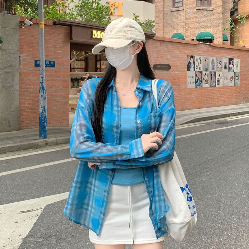 여자 여름 시스루 격자무늬 루즈핏 폴로카라 긴팔 셔츠 나시 코디 여리여리 데일리 캐주얼룩 TZ07486 - 상세 이미지 4