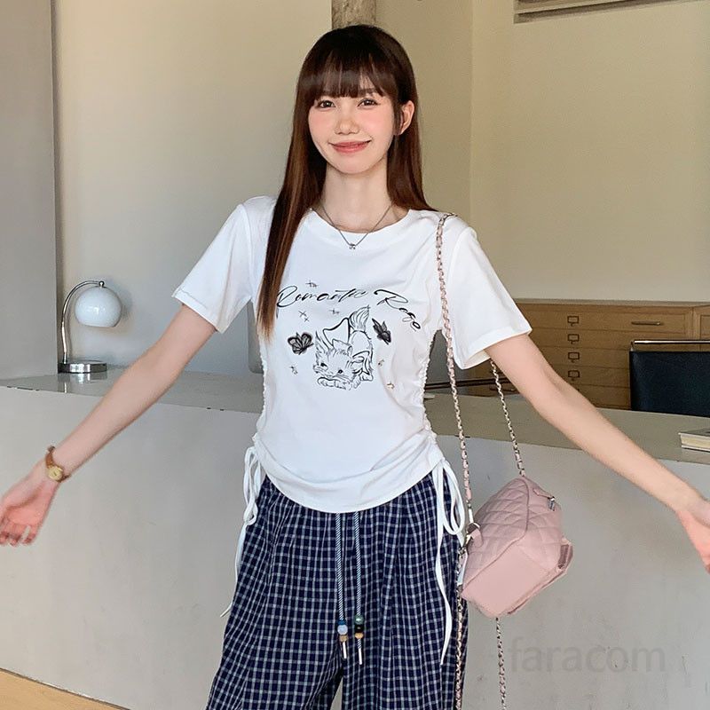 여성 여름 라운드넥 반팔 티셔츠 캐릭터 그래픽 프린트 사이드 셔링 스트링 면스판 슬림핏 데일리 캐주얼룩 D01311 - 상품 이미지