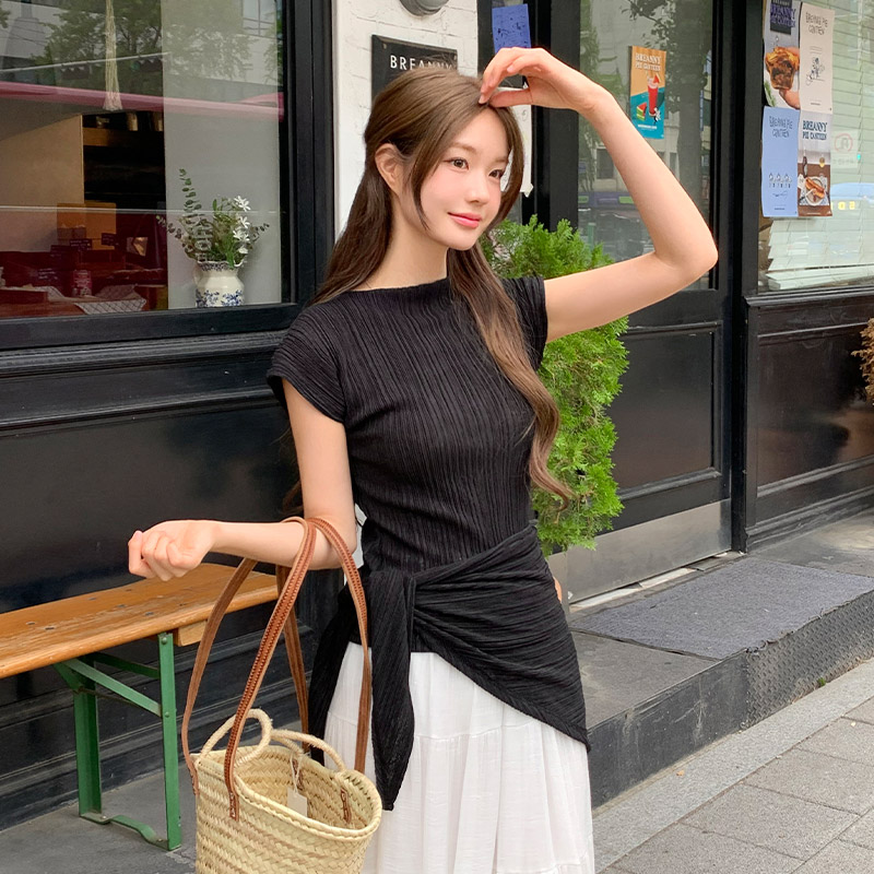 레이샤 하프넥 슬림 플리츠 골지 세트 탑 st2913 - 상세 이미지 4