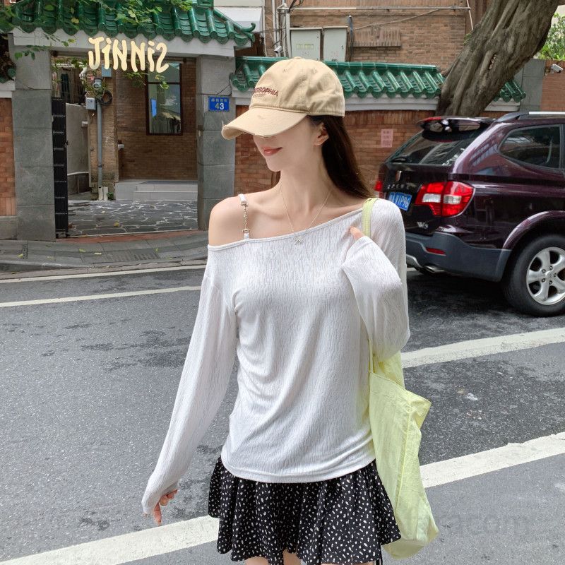 여자 여름 오프숄더 체인 포인트 루즈핏 긴팔 티셔츠 데일리 유니크 시스루 여성티 C0913-1 - 상세 이미지 5