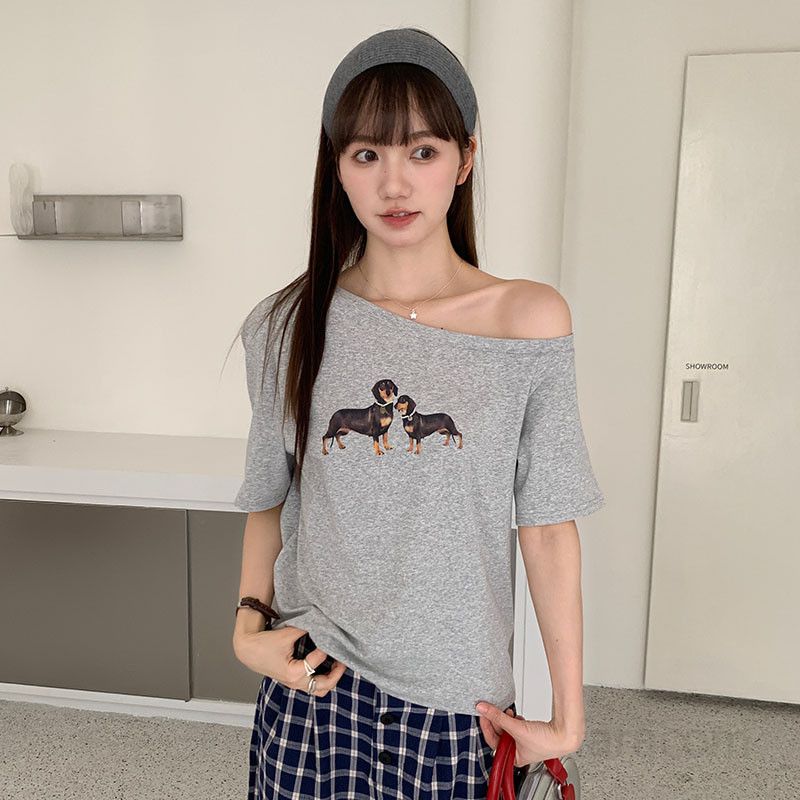 여자 루즈핏 오프숄더 어깨트임 강아지 프린팅 반팔티 여름 데일리 베이직 편안한 티셔츠 TZ07455 - 상세 이미지 3