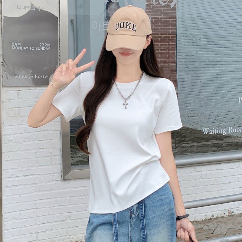 여자 여름 슬림핏 라운드넥 베이직 단색 반팔 티셔츠 데일리 여성 코튼 스판 기본 반팔티 T004 - 상세 이미지 2