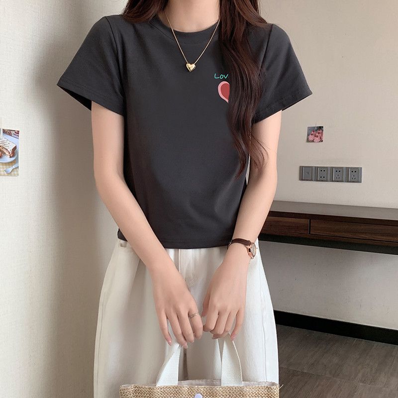 여자 여름 슬림핏 라운드넥 유니크 프린팅 반팔 티셔츠 베이직 데일리 여성티 면스판 기본 T001 - 상세 이미지 4