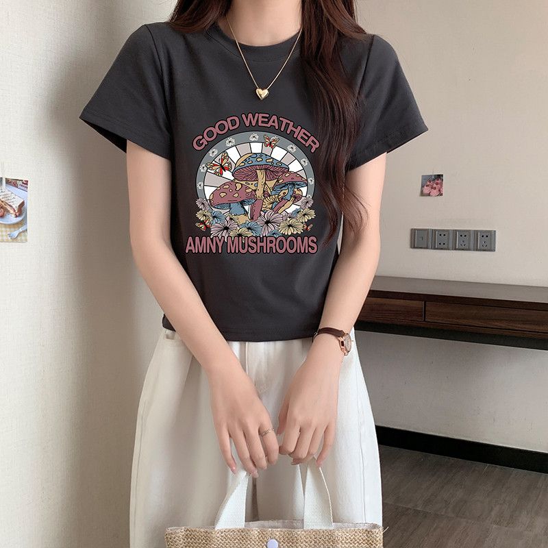 여자 여름 슬림핏 라운드넥 유니크 프린팅 반팔 티셔츠 베이직 데일리 여성티 면스판 기본 T001 - 메인 이미지