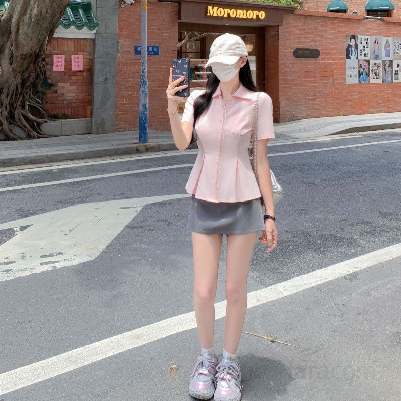 여자 여름 폴로카라 반팔 페플럼 블라우스 레이스 핀턱 슬림핏 데일리 오피스룩 D07490 - 상세 이미지 5