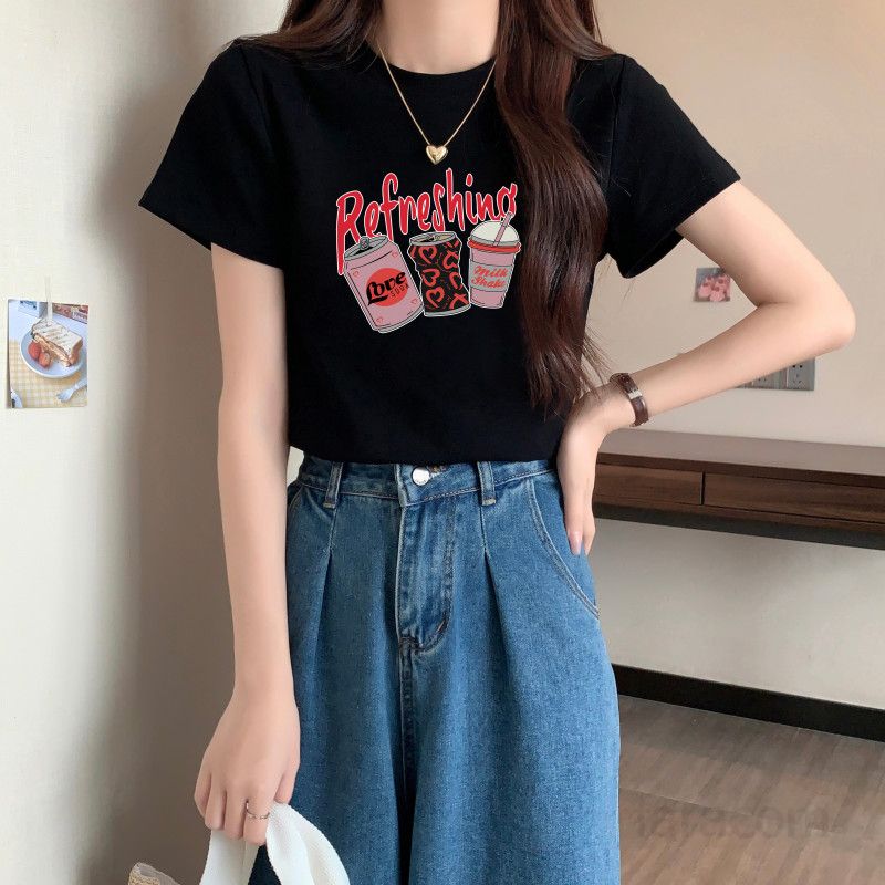 여성용 라운드넥 프린트 반팔 티셔츠 여름용 30수 코튼 소재로 시원한 착용감과 아메리칸 스타일을 더한 데일리 패션 탑 - 상세 이미지 5