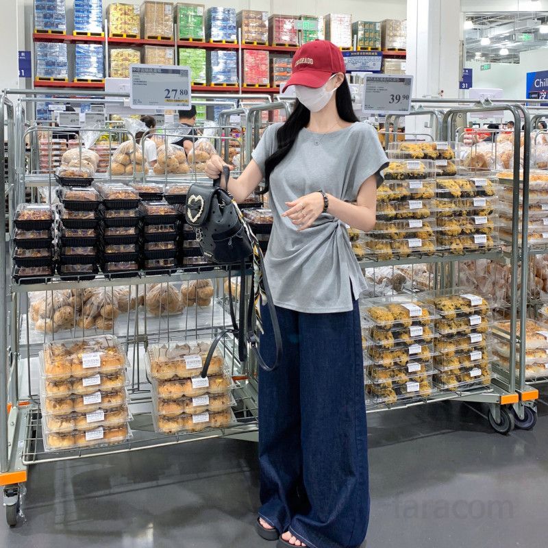 여자 여름 라운드넥 반팔 티셔츠 사이드 셔링 꼬임 루즈핏 면스판 데일리 캐주얼룩 D08100 - 상세 이미지 5