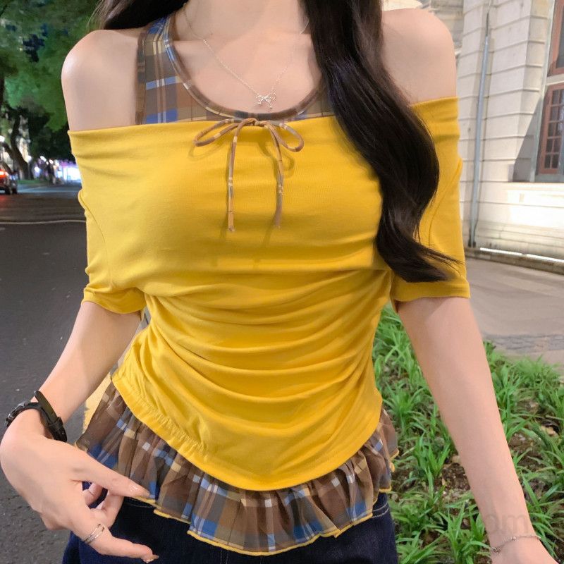 여자 여름 페이크 레이어드 오프숄더 홀터넥 체크 반팔 티셔츠 리본 슬림핏 데일리 캐주얼룩 DJ03151-1 - 메인 이미지