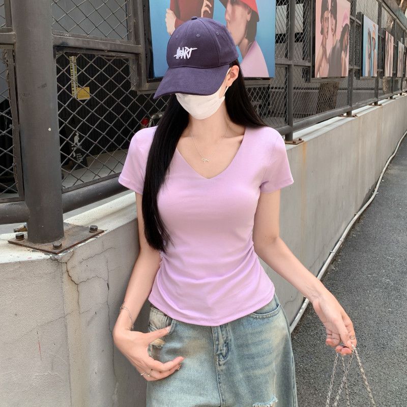 여자 여름 V넥 반팔 티셔츠 사이드 셔링 언발 슬림핏 면스판 여리여리 데일리 캐주얼룩 D01288 - 상세 이미지 5